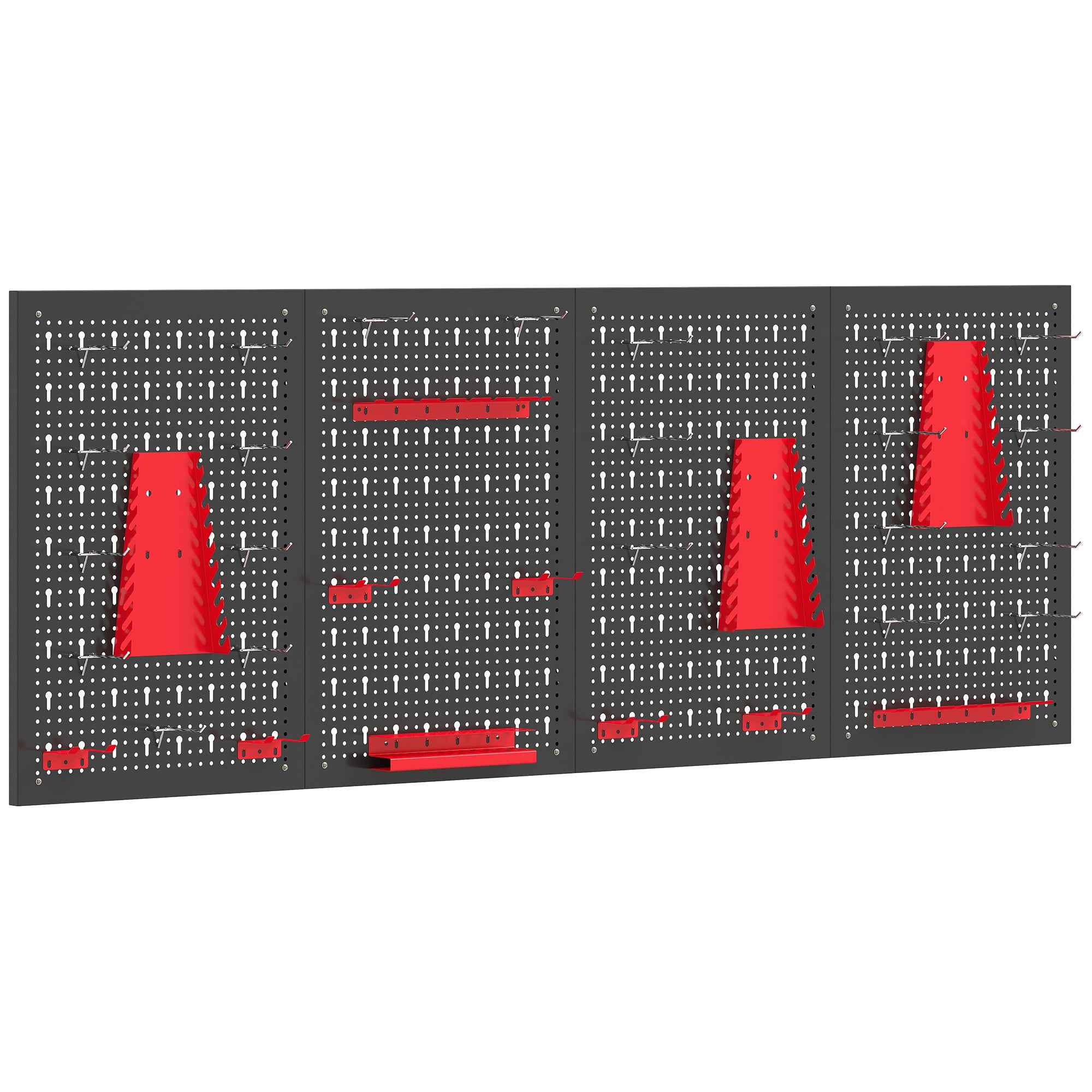HOMCOM 4-Piece Steel Wall Mounted Tool Rack with 12 Brackets and 22 Hooks, Black and Red
