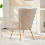 Modern Sherpa Fabric Upholstered Armchair with High Back and Armrests, Beige