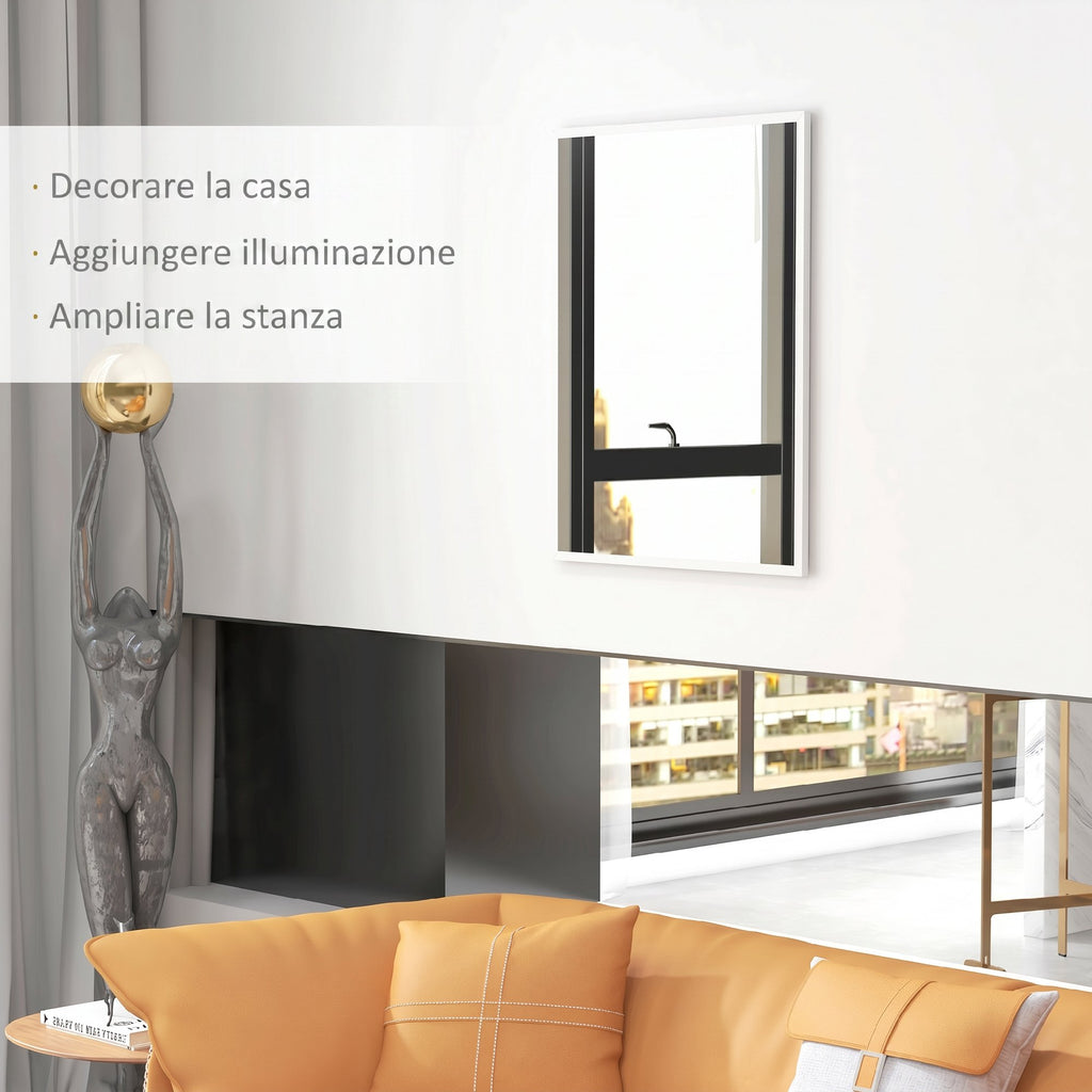 HOMCOM Rectangular Wall-Mounted Bathroom Mirror with Hooks, Glass and MDF Bedroom Mirror, 70x90 cm, White