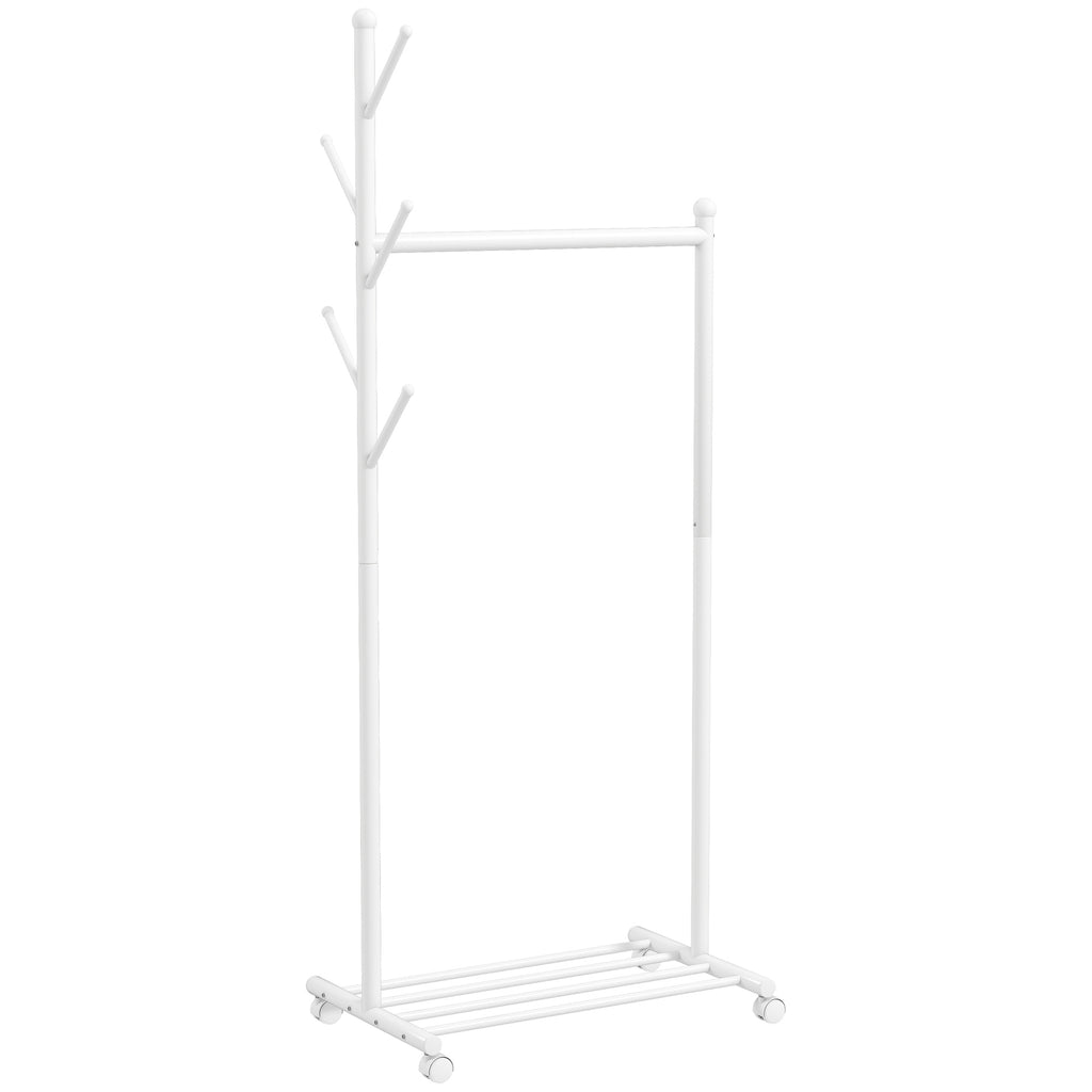 Freestanding Coat Rack with Wheels, 5 Hooks and Lower Shoe Shelf, White