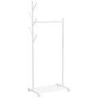 Freestanding Coat Rack with Wheels, 5 Hooks and Lower Shoe Shelf, White