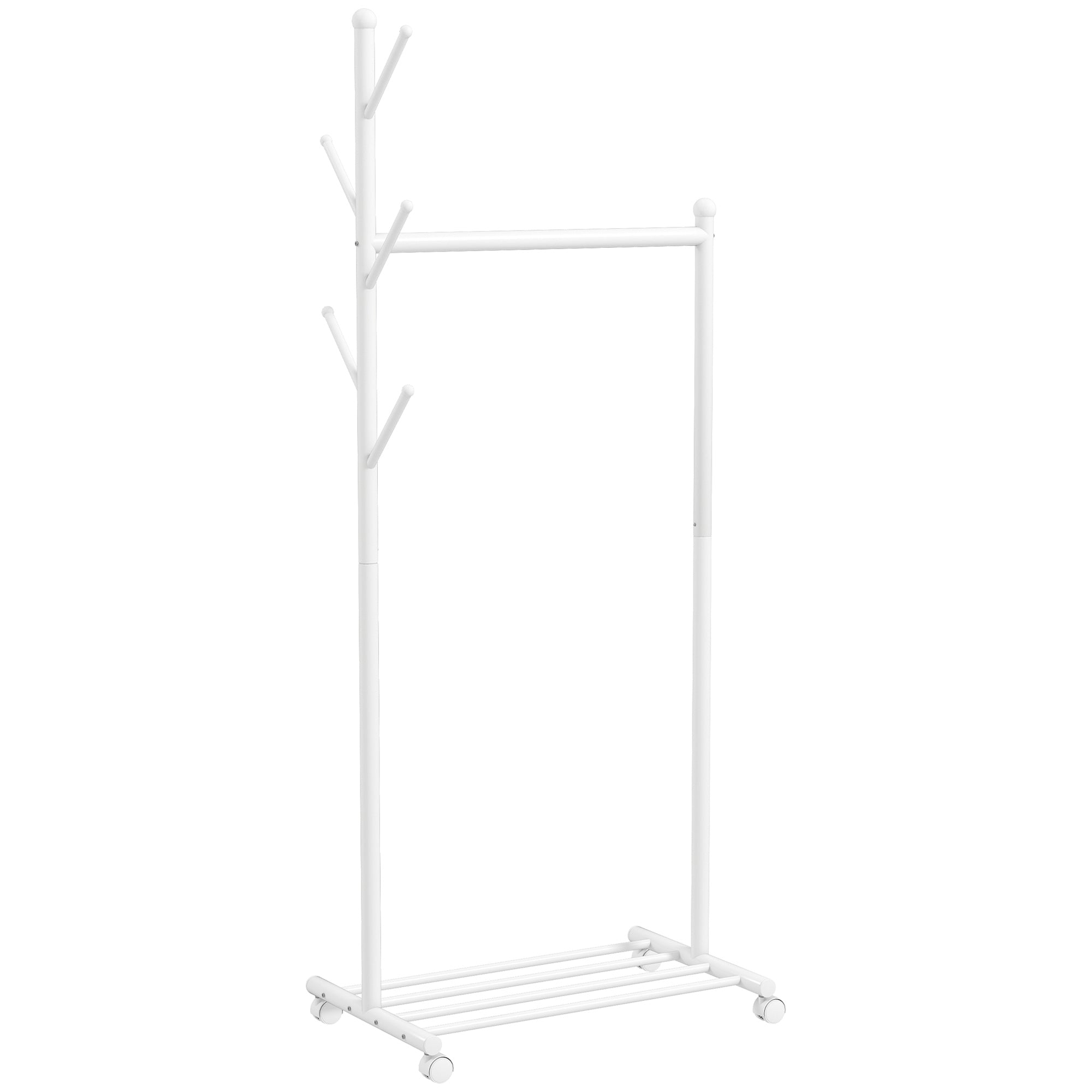 Freestanding Coat Rack with Wheels, 5 Hooks and Lower Shoe Shelf, White