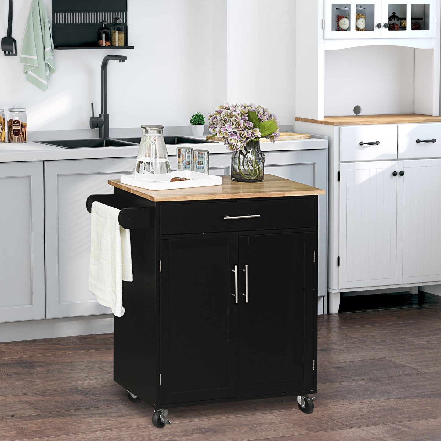 HOMCOM Kitchen Trolley with Drawer and Cabinet 2 Doors, Wheels and Side Bar, 83x45x91.5cm, Black