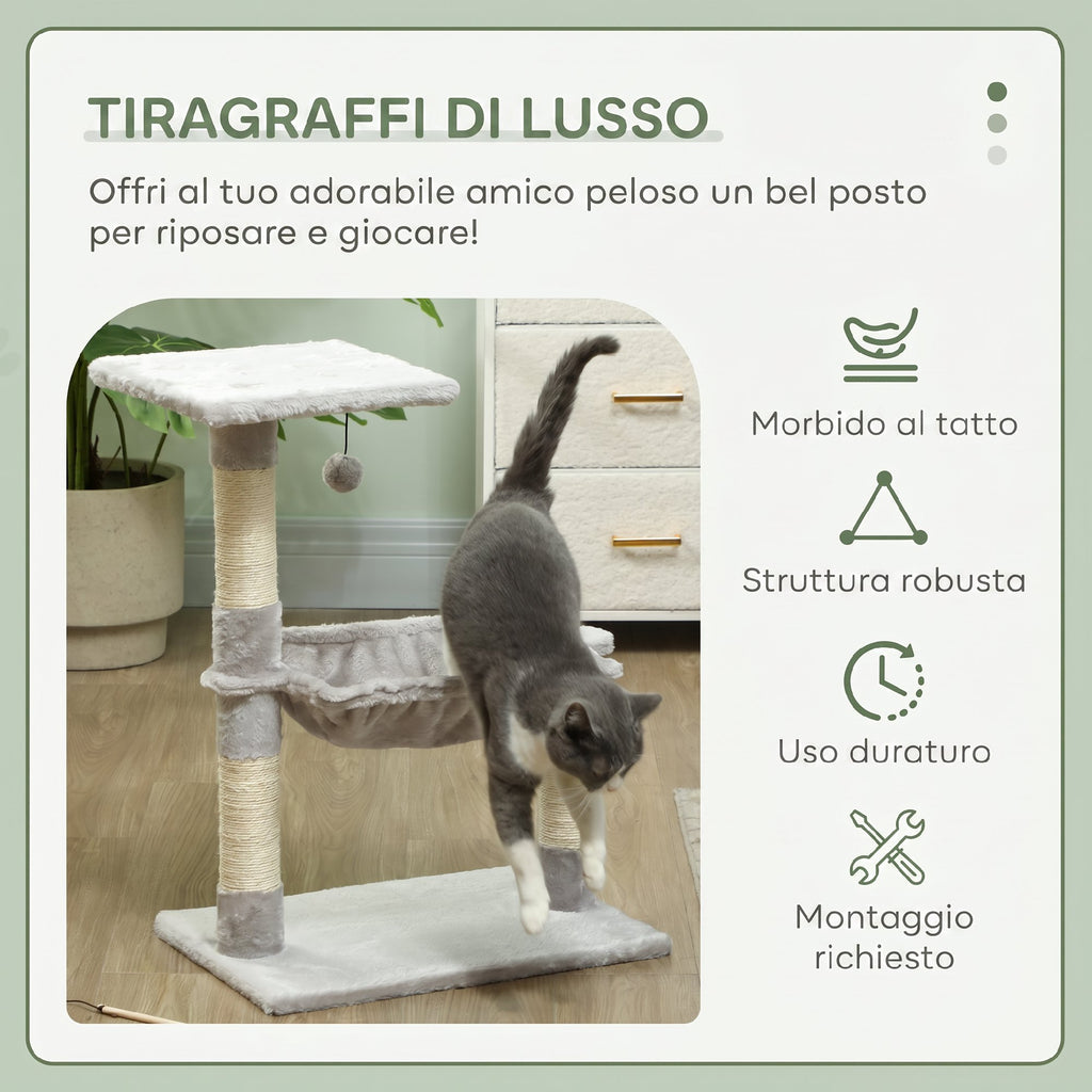 PawHut Multi-Level Cat Scratching Tree with Hammock and Hanging Ball, Wood and Plush, 50x36x70cm, Light Grey
