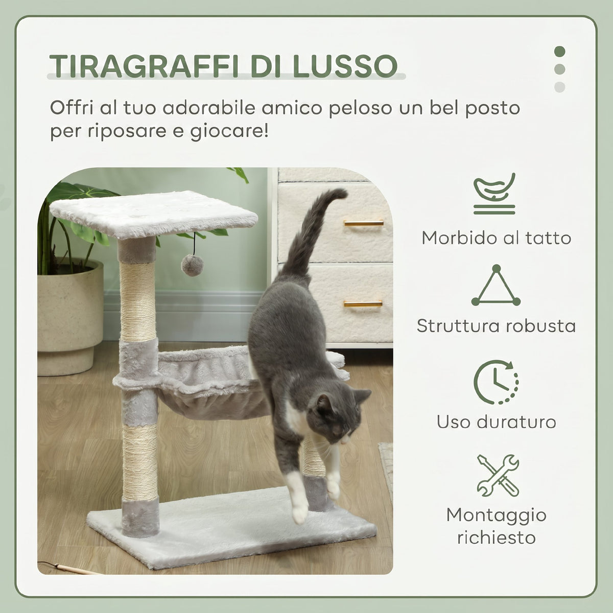 PawHut Multi-Level Cat Scratching Tree with Hammock and Hanging Ball, Wood and Plush, 50x36x70cm, Light Grey