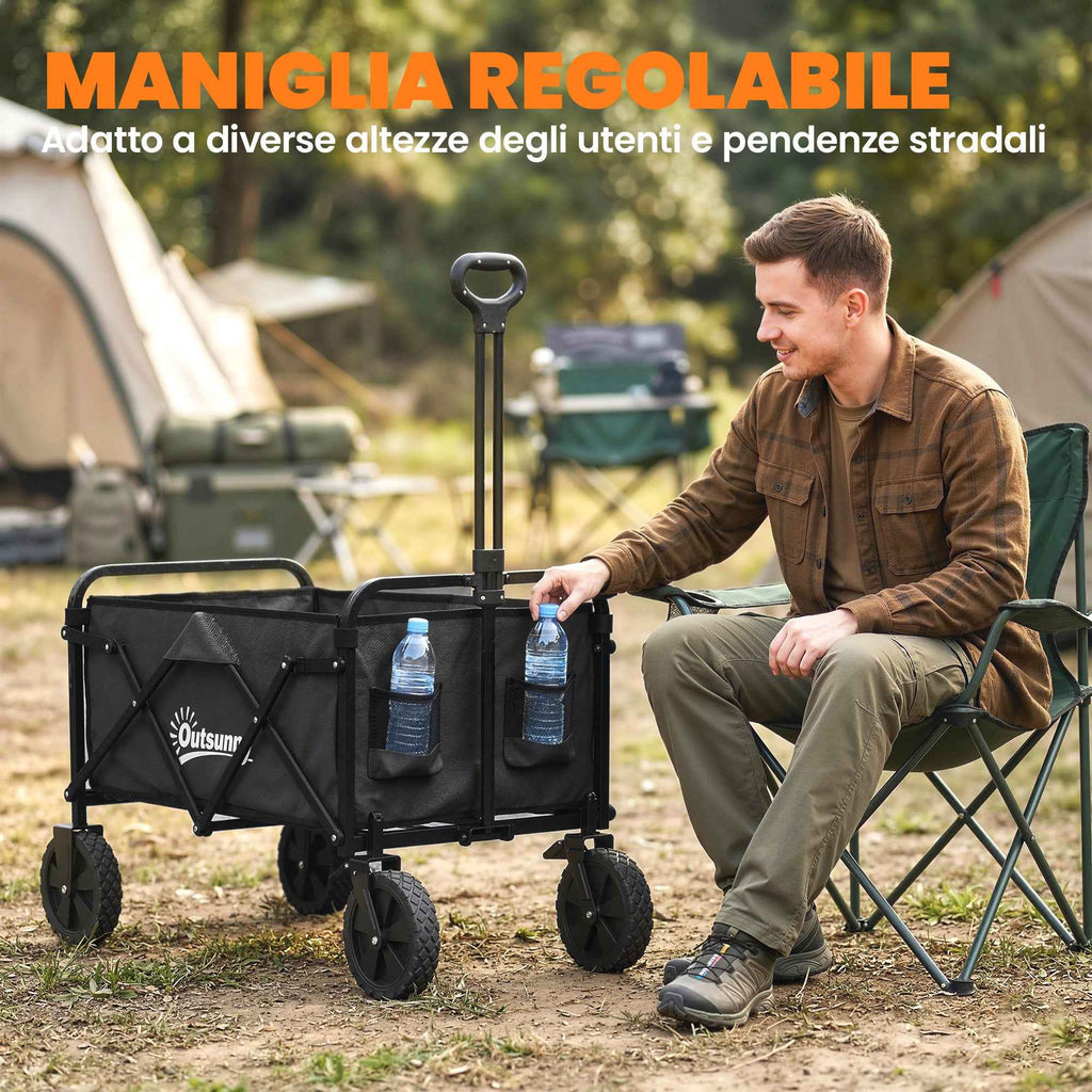 Outsunny 90L Folding Garden Cart with Adjustable Handle and Cup Holder, Black