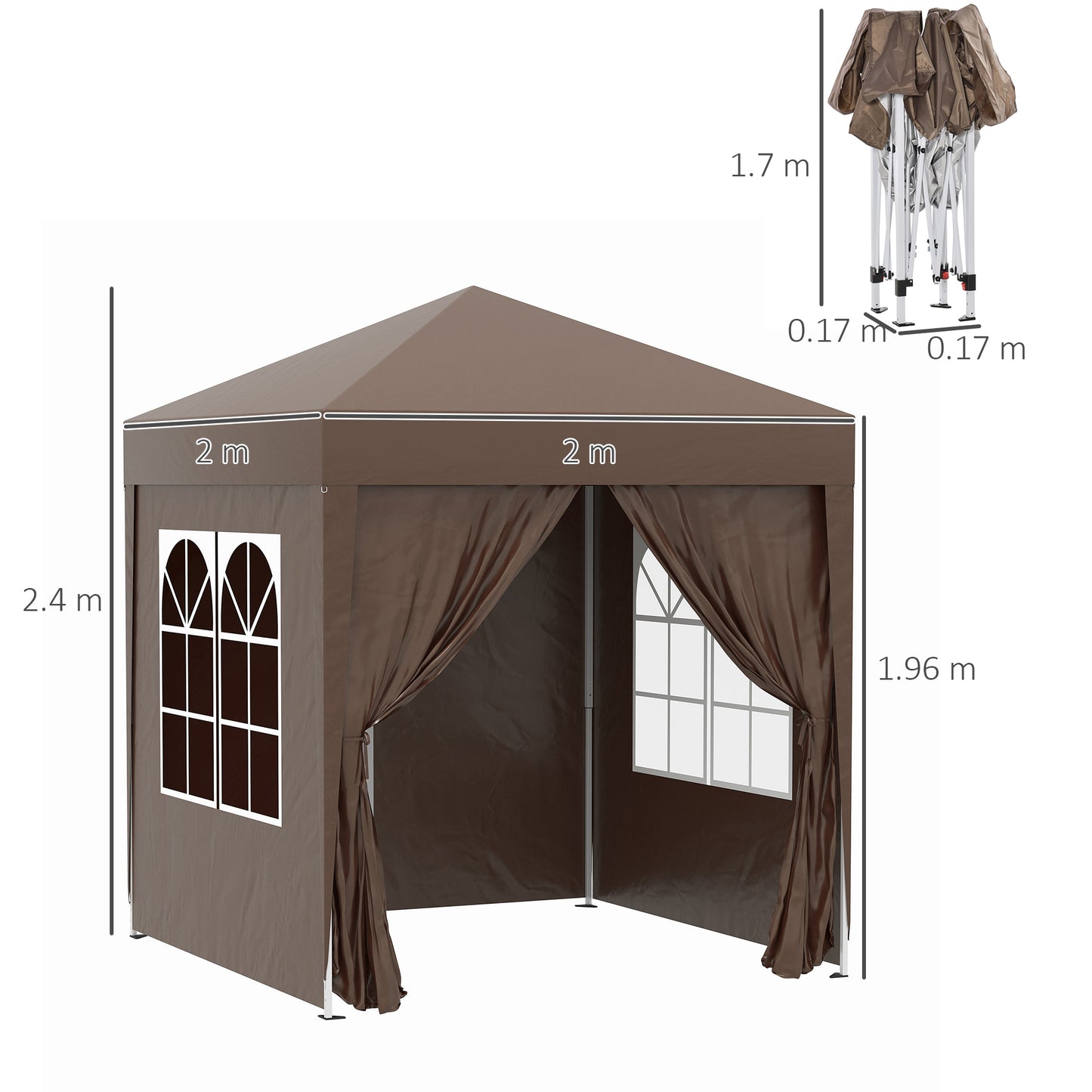 Outsunny gazebo 2x2 m folding with 4 removable walls and transport bag, metal and polyester, brown - Borgè