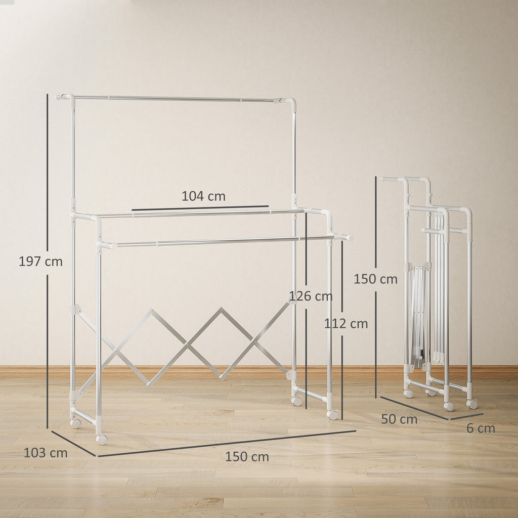 Folding Clothes Airer with 3 Adjustable Bars, Swivel Wheels and Stainless Steel Frame, Silver