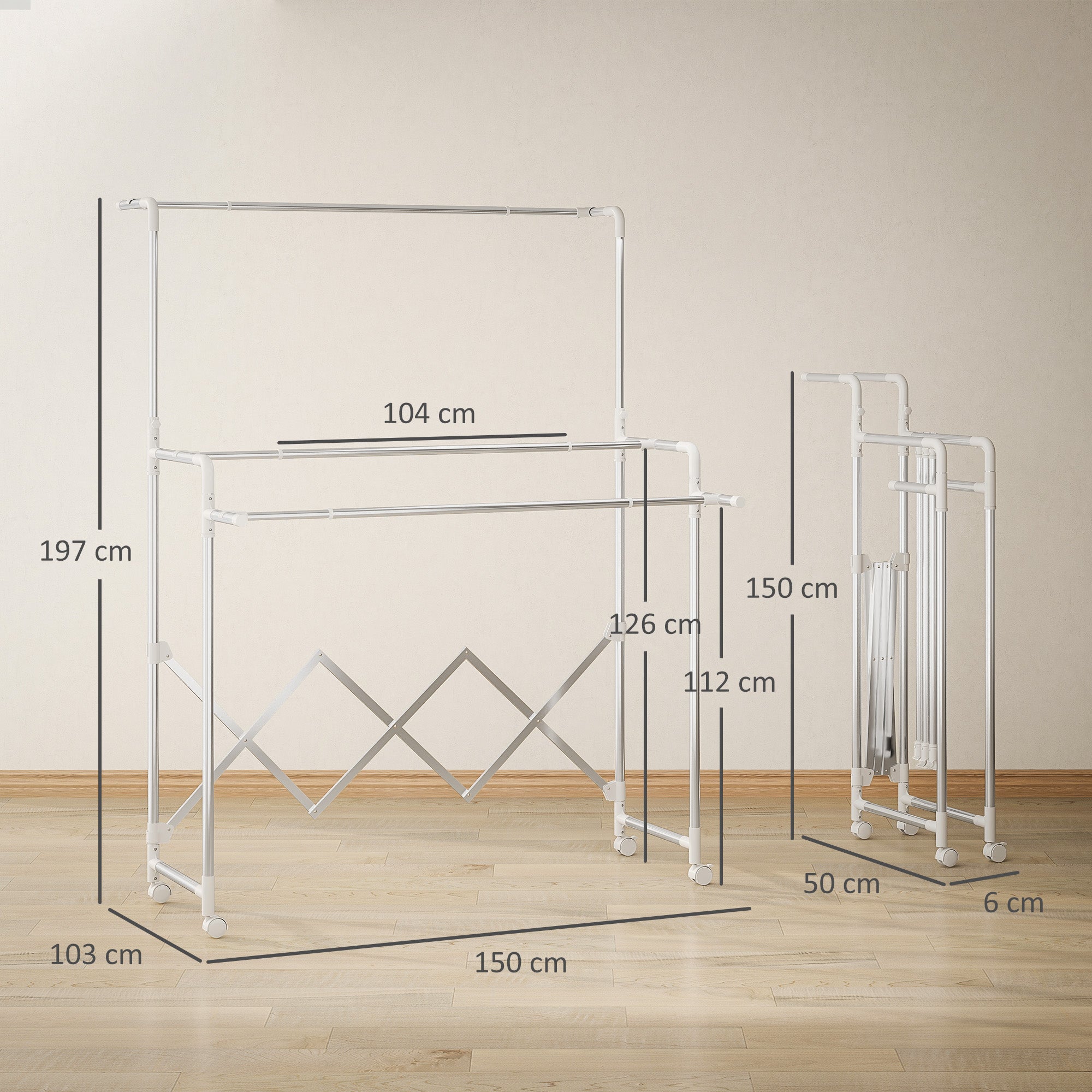 Folding Clothes Airer with 3 Adjustable Bars, Swivel Wheels and Stainless Steel Frame, Silver