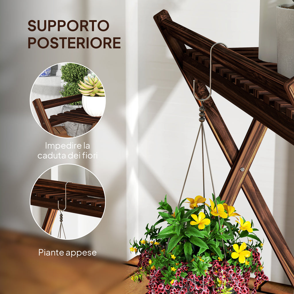 Set of 2 2-Tier Plant Holders with Slatted Design in Fir Wood, 73x36x64 cm, Burnt Brown
