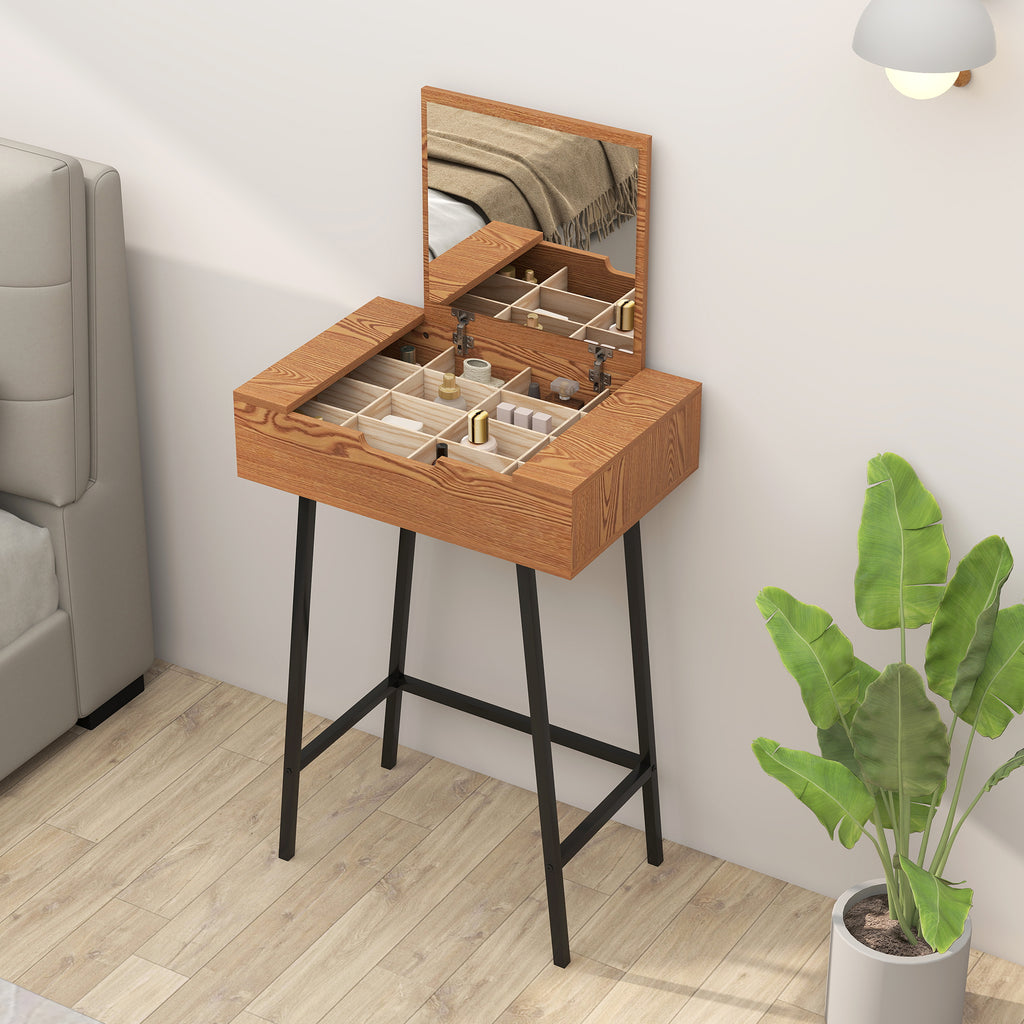 Industrial Style Vanity Table with Folding Mirror and 16 Compartments, Wood and Steel, 60x40x90 cm