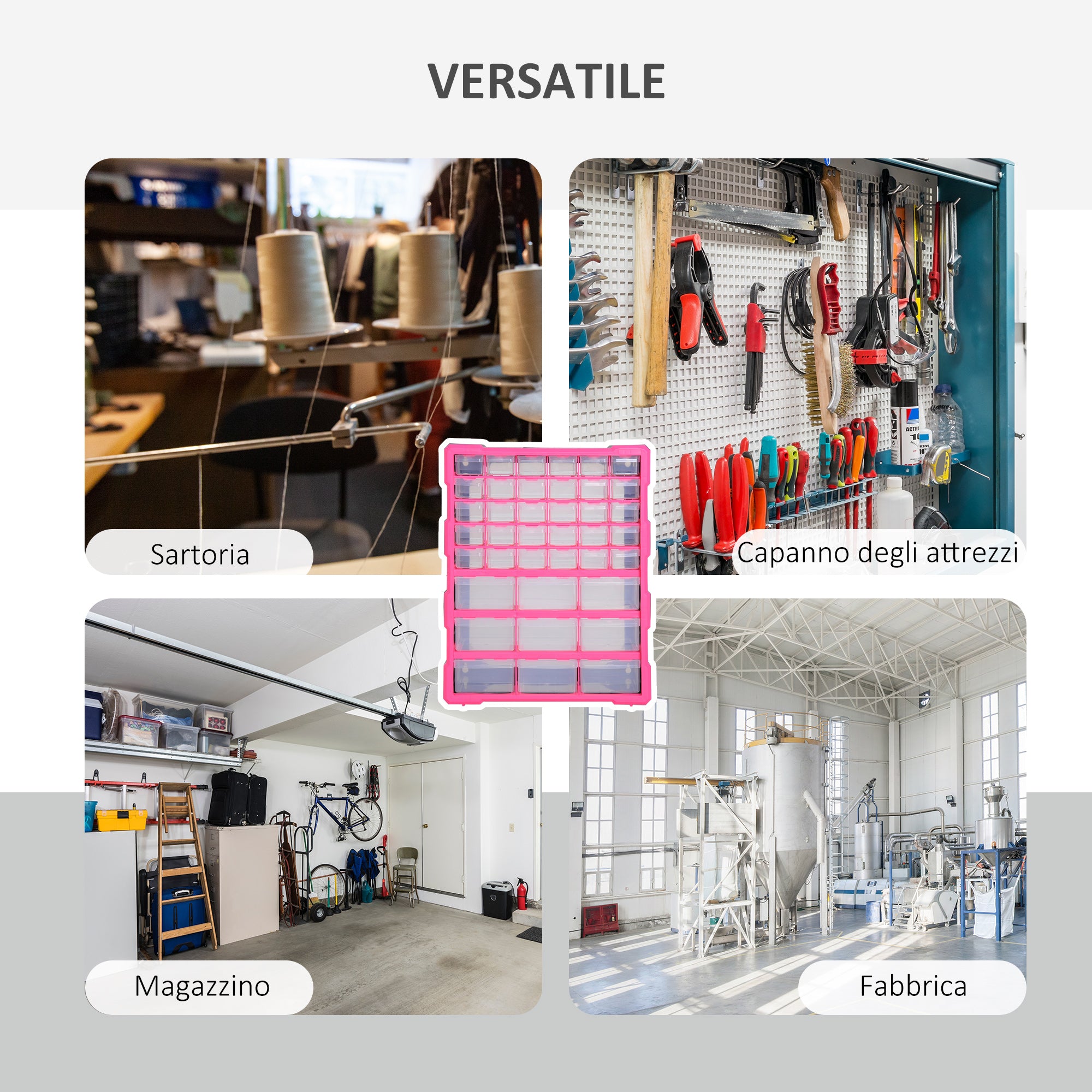 Plastic Drawer Cabinet for Small Parts with 39 Transparent Drawers, Wall or Floor Mounting 38x16x47.5cm Pink