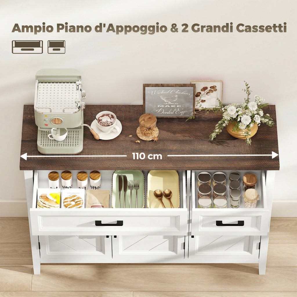 HOMCOM Wooden Kitchen Sideboard with 3 Barn Doors, 2 Drawers and 2 Adjustable Shelves, White