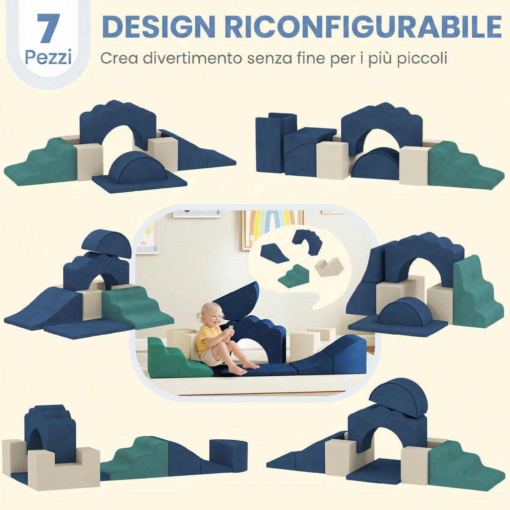 AIYAPLAY 7-Piece Soft Building Blocks Set for Kids Ages 0.5-3 with Non-Slip Base, Foam and Velvet, Blue
