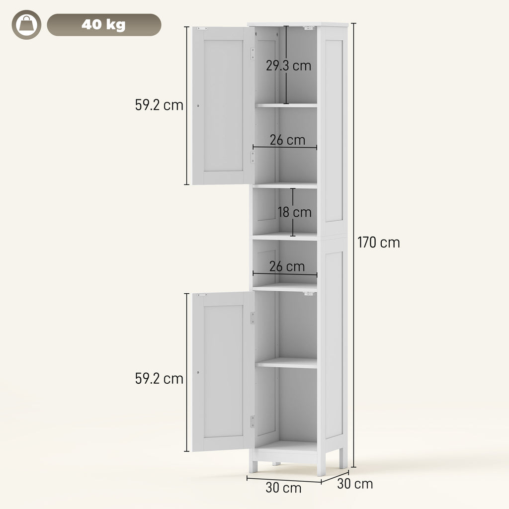 Tall Bathroom Cabinet with 2 Open Shelves and 2 Adjustable Shelving Cabinets, Wooden, 30x30x170 cm, White