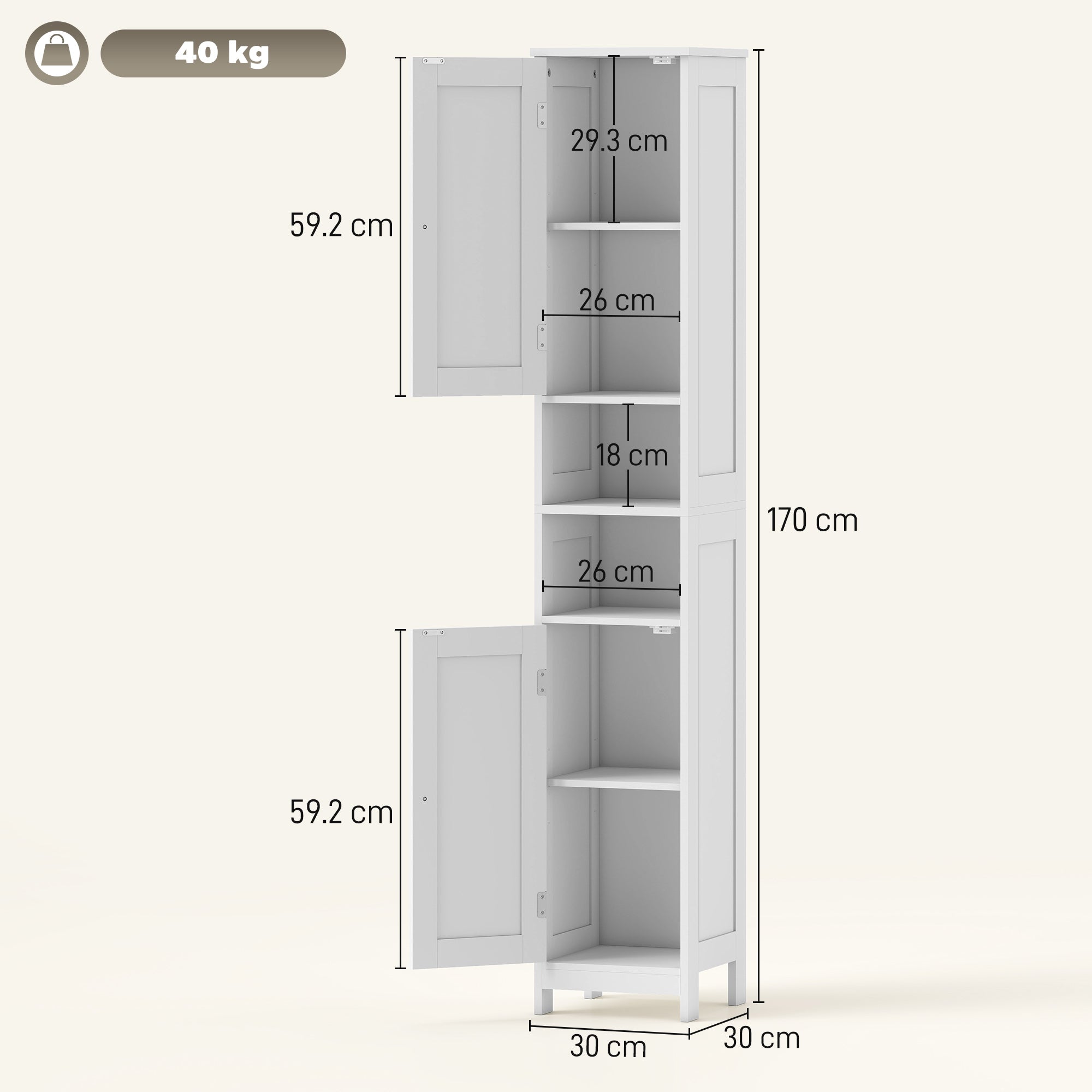 Tall Bathroom Cabinet with 2 Open Shelves and 2 Adjustable Shelving Cabinets, Wooden, 30x30x170 cm, White