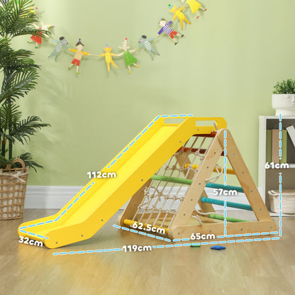 AIYAPLAY Children's Climbing Game with Montessori Triangle 5 in 1 with Rope, Slide and Bags, in Wood, 119x63x61 cm