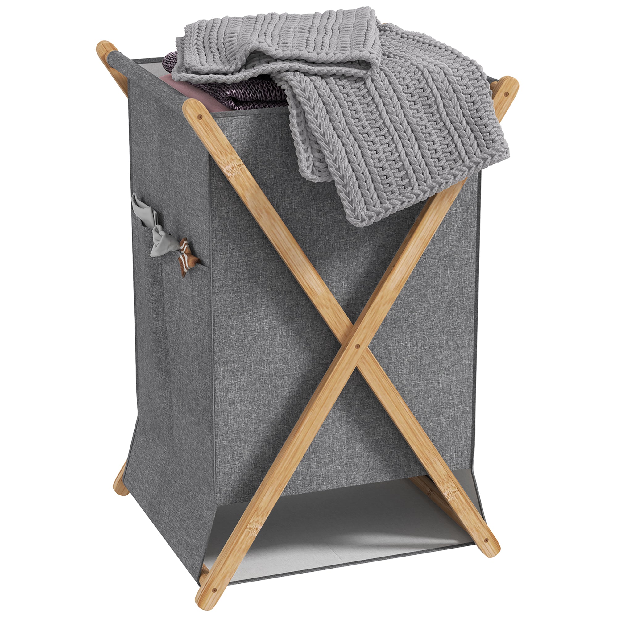 Foldable Laundry Basket 55L in Fabric and Bamboo, Wood and Grey Frame