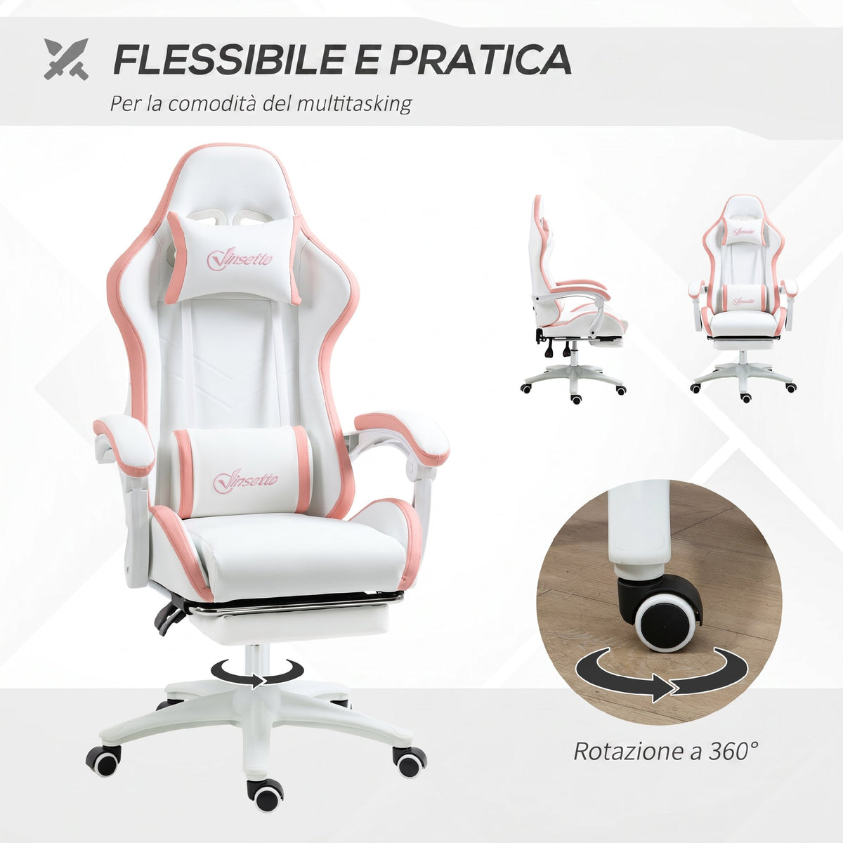 Vinsetto Gaming Chair with Adjustable Height and Reclining Backrest, 65x65x121-129 cm, White and Pink