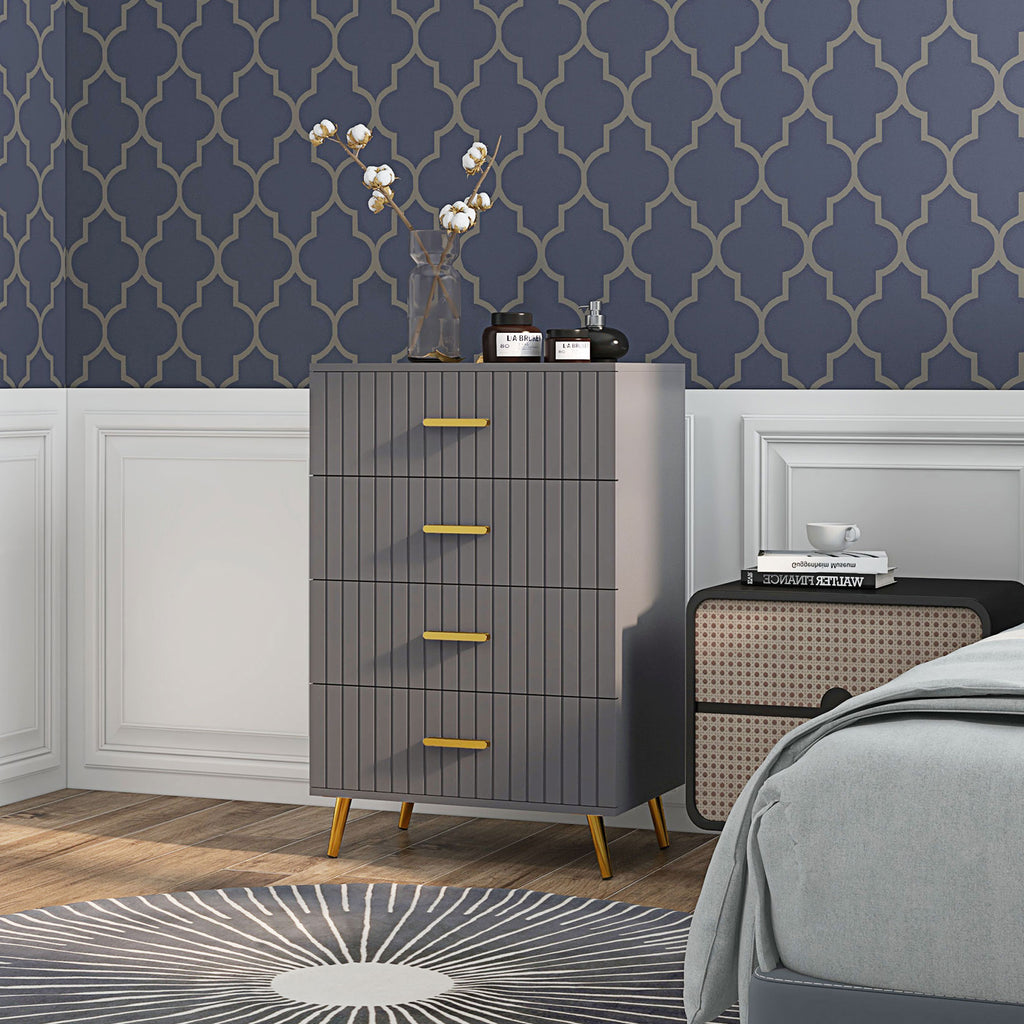 Modern 4 Drawer Chest of Drawers in Wood and Aluminum, 60x40x90 cm, Gold and Dark Grey