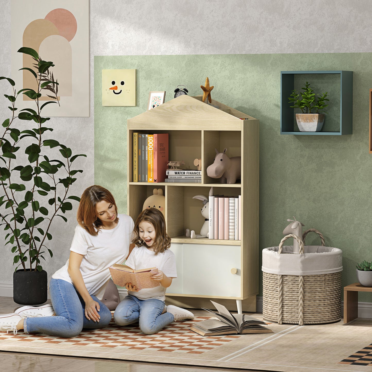 AIYAPLAY Wooden Children's Bookcase with Open Shelves and Lower Cabinet, 80x30x140.5 cm, White and Wood Color