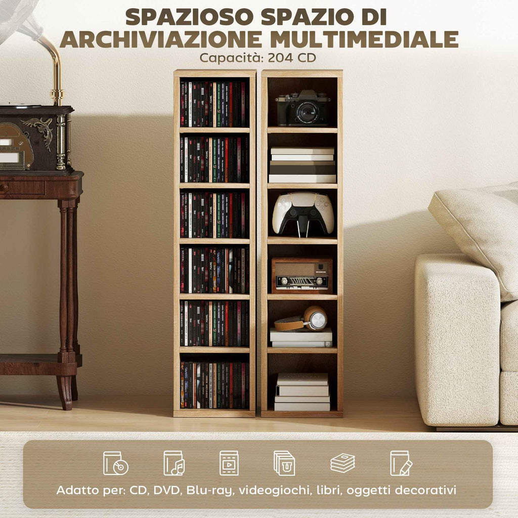 HOMCOM Set of 2 CD Racks with Adjustable Shelves for 204 CDs, Wooden, 21x22.5x88.5 cm, Oak