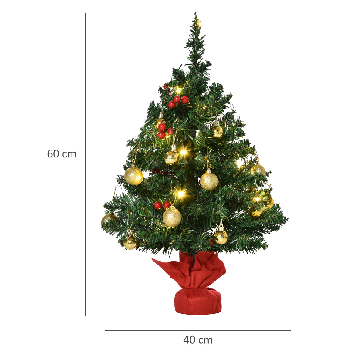 HOMCOM Small Christmas Tree 60cm with 15 LED Lights and Decorations