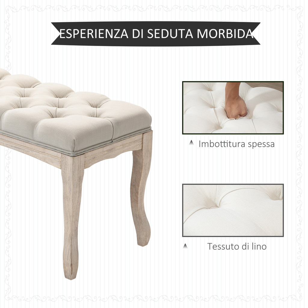 Vintage Bedside Bench with Upholstered Fabric Seat and Wooden Legs, 110x40x48cm, Beige