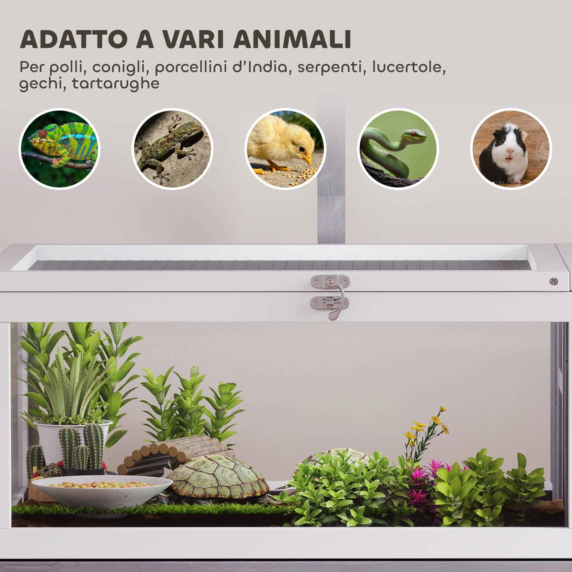 PawHut Raised Turtle House with Divider, Removable Tray, Made of Wood and PS, 104x53x82 cm, Grey and White