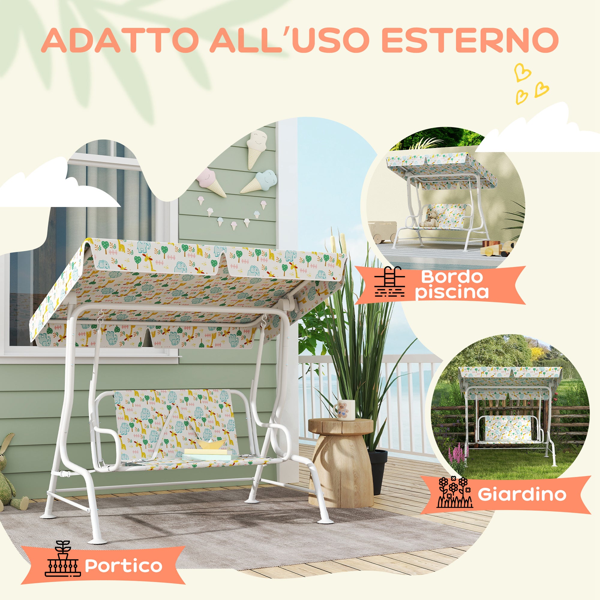 2-Seater Outdoor Children's Swing with Adjustable Canopy and Safety Belts, 112x75x120 cm, White2-Seater Outdoor Children's Swing with Adjustable Canopy and Safety Belts, 112x75x120 cm, White