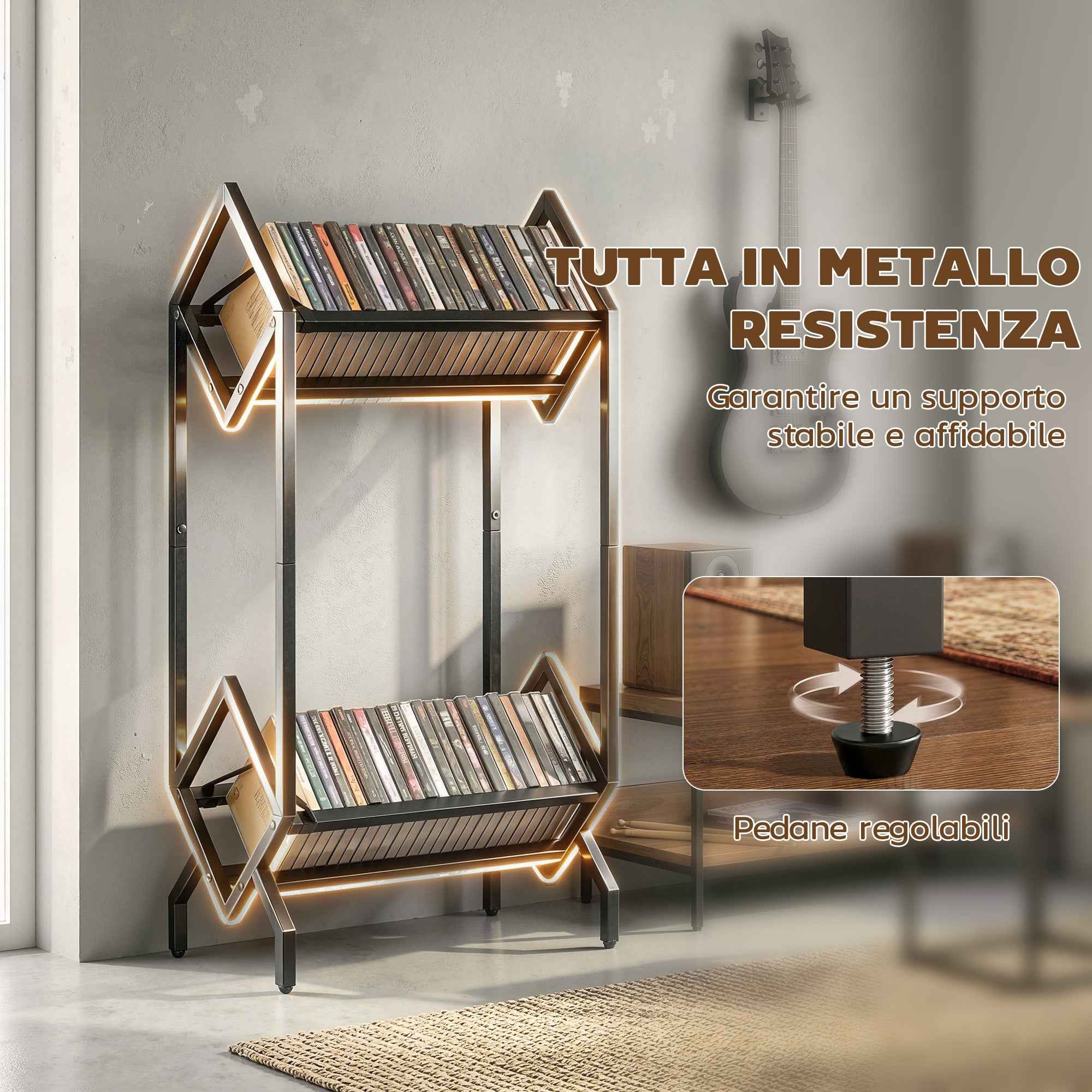 HOMCOM 50 CD Holder, 2-Tier Metal Vinyl Record Rack for DVDs, Books, Albums, Black
