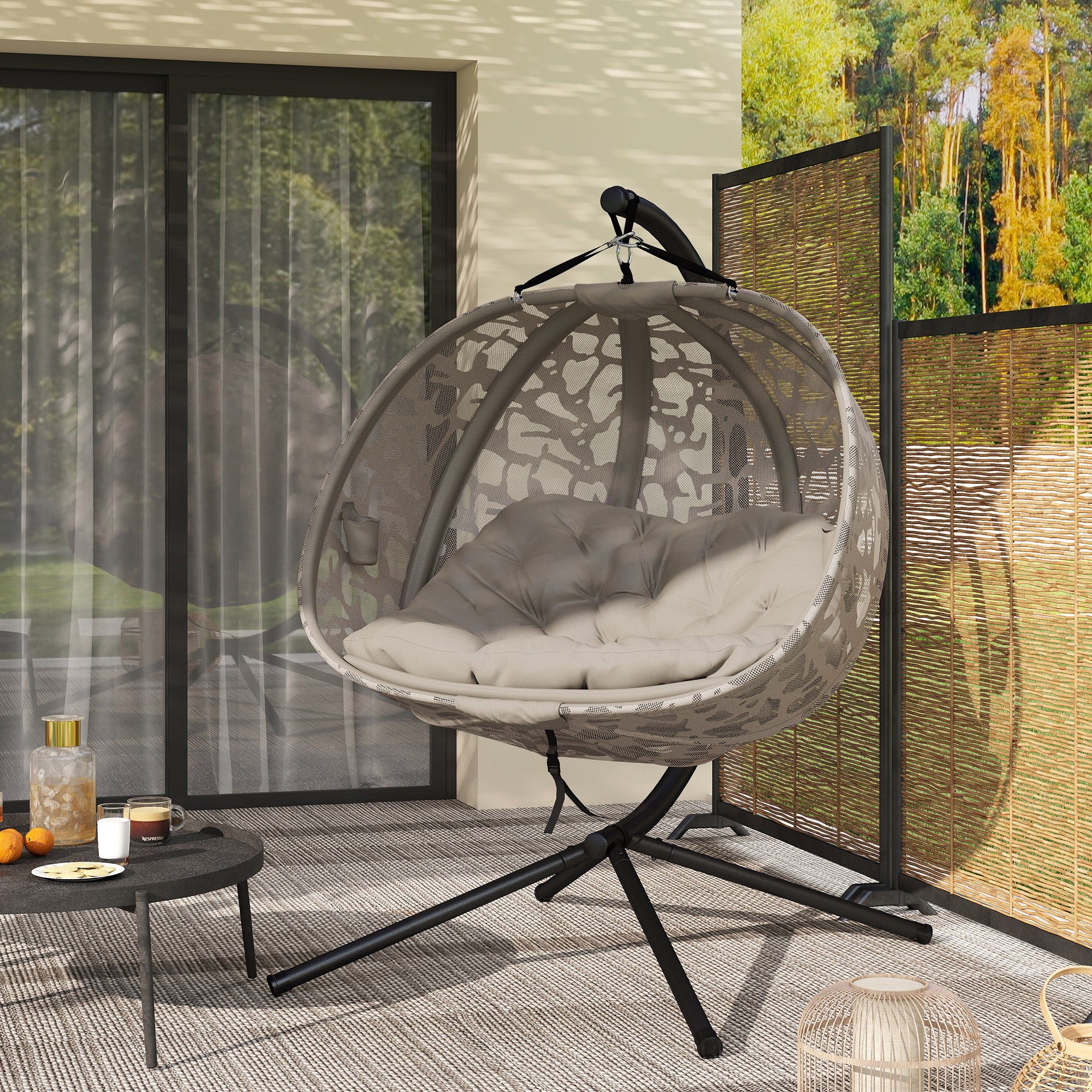 Outsunny 2-Seater Hanging Chair with 2 Pockets, 2 Cushions and Folding Basket, 126x126x176 cm
