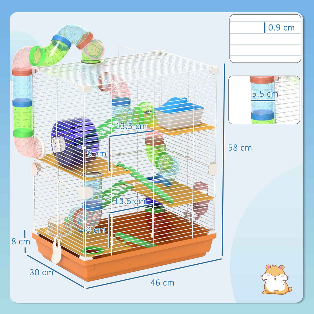PawHut 5-Level Hamster Cage with Tubes, Wheel, Ladders, House and Bottle, 46x30x58 cm, Orange