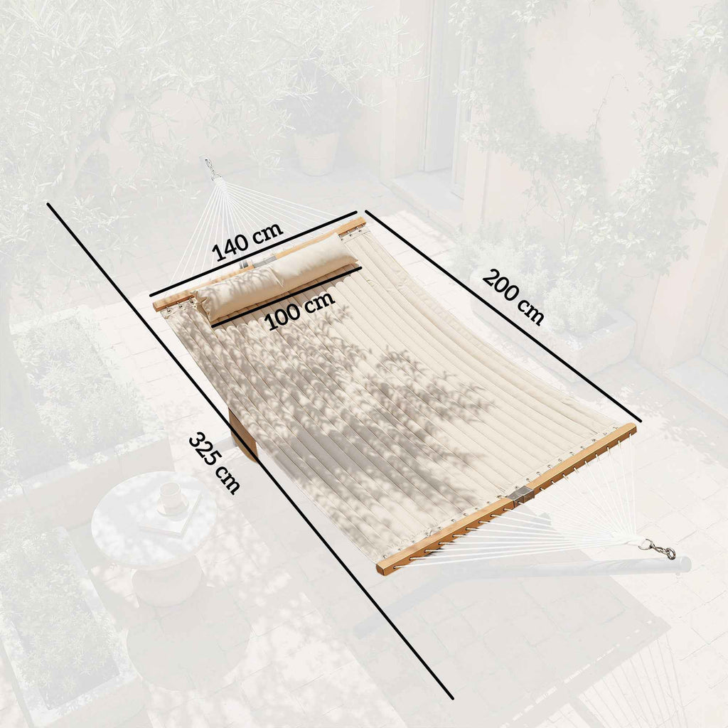 Garden Hammock with Cushion and Pocket, Polyester with Wooden Bars, 325x140x2.5 cm, Cream White