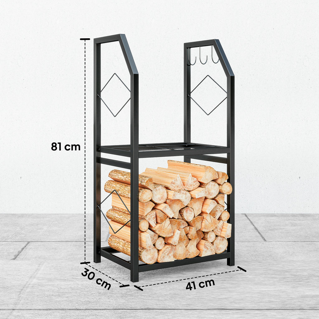 2-Tier Indoor and Outdoor Log Rack with 3 Side Hooks in Steel, 41x30x81 cm, Black