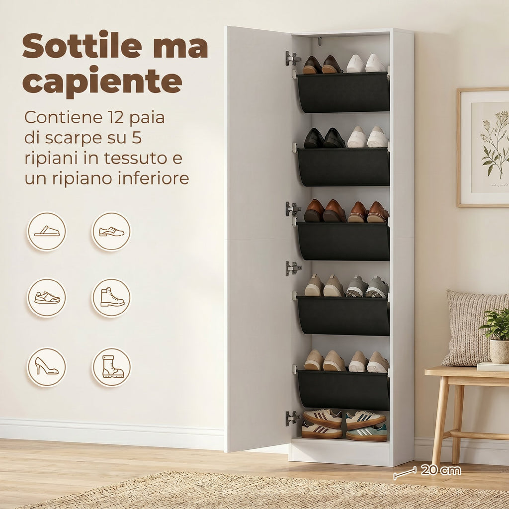 HOMCOM Mirrored Shoe Rack with 5 Non-Woven Fabric Shelves and Bottom Shelf, Wooden, 50x20x180 cm, White