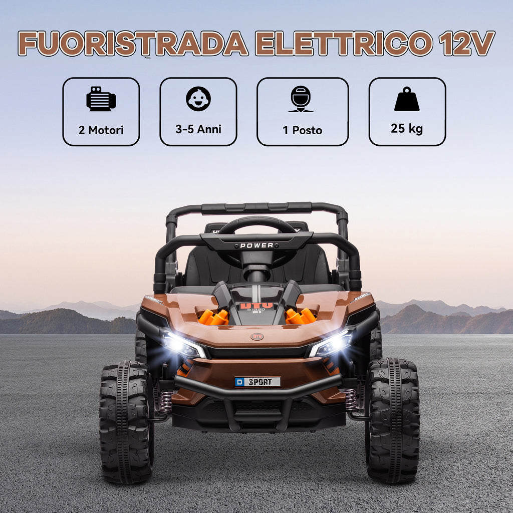 AIYAPLAY Kids Electric Ride-On UTV 12V with Belt, Remote Control, Suspension, USB, 3-6 km/h, 3-5 Years, Brown