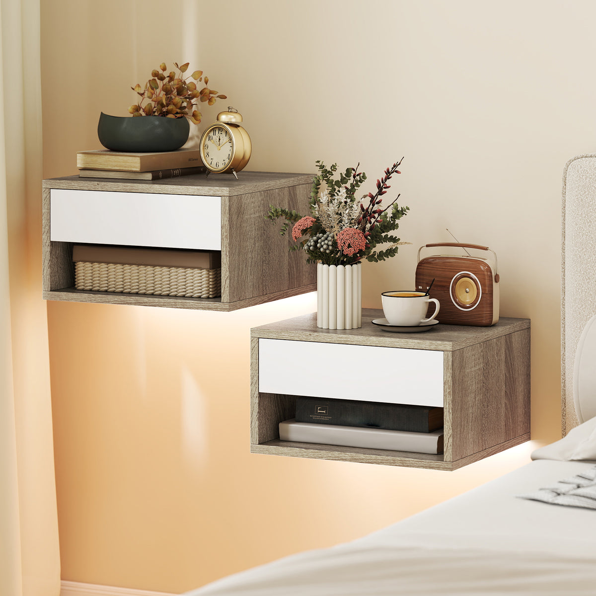 HOMCOM Set of 2 Wall-Mounted Bedside Tables with Built-in RGB LED Lights, Adjustable via APP, Drawer and Shelf, 37x32x21 cm, White Wood Color