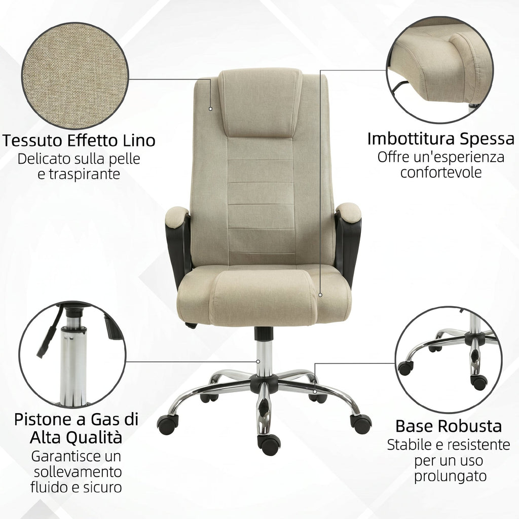 Vinsetto Ergonomic Tilting Swivel Office Chair in Linen Effect Fabric with Headrest, Beige