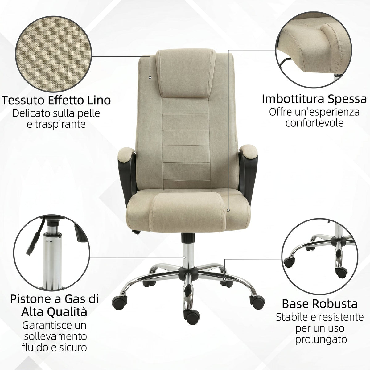 Vinsetto Ergonomic Tilting Swivel Office Chair in Linen Effect Fabric with Headrest, Beige