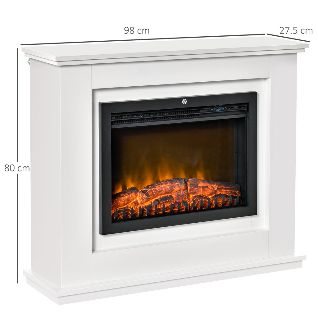 Electric Fireplace Realistic Flame Effect with White Wooden Frame, Timer and Remote Control, 1000W and 2000W, 98x27. 5x80cm