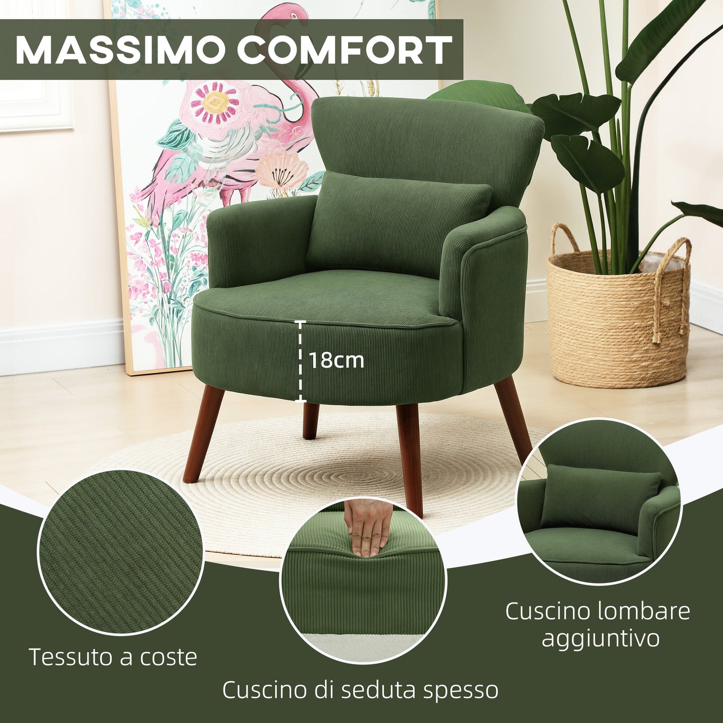 Modern Upholstered Velvet Armchair with Lumbar Cushion, Wooden Backrest and Legs, Green