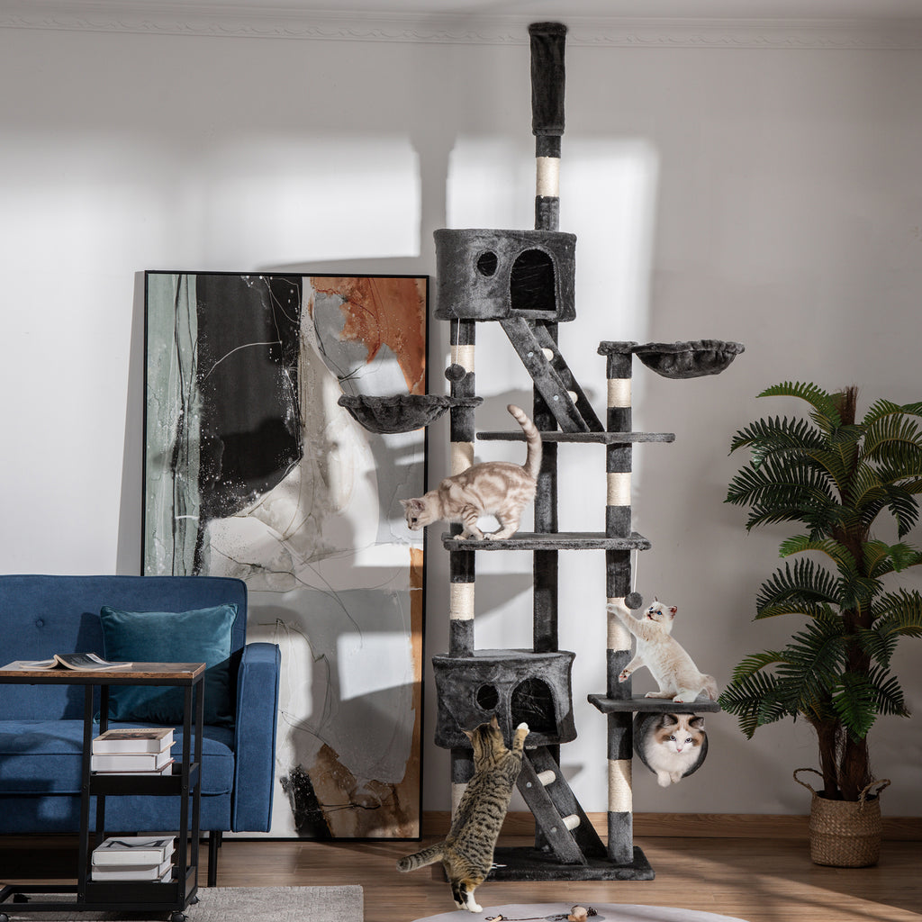 Multi-Level Ceiling Cat Scratching Post with Adjustable Height 240-260cm, with Kennels and Ladders, Grey