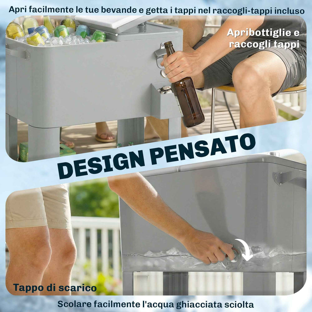 Outsunny Portable Fridge 76 L with Wheels and Bottle Opener, 92 x 39 x 81 cm, Silver