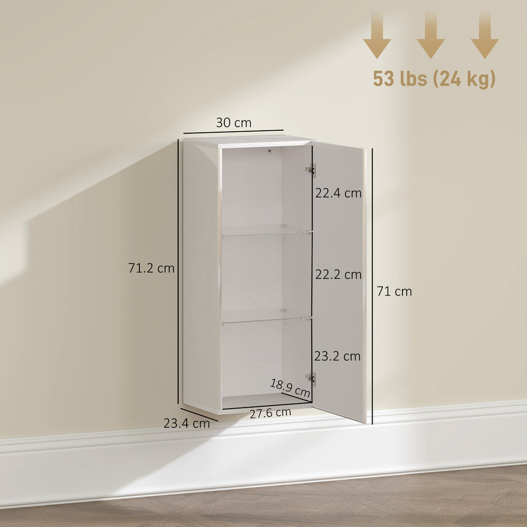 HOMCOM Bathroom Cabinet with 2 Adjustable Glass Shelves and Handleless Door, Gloss White