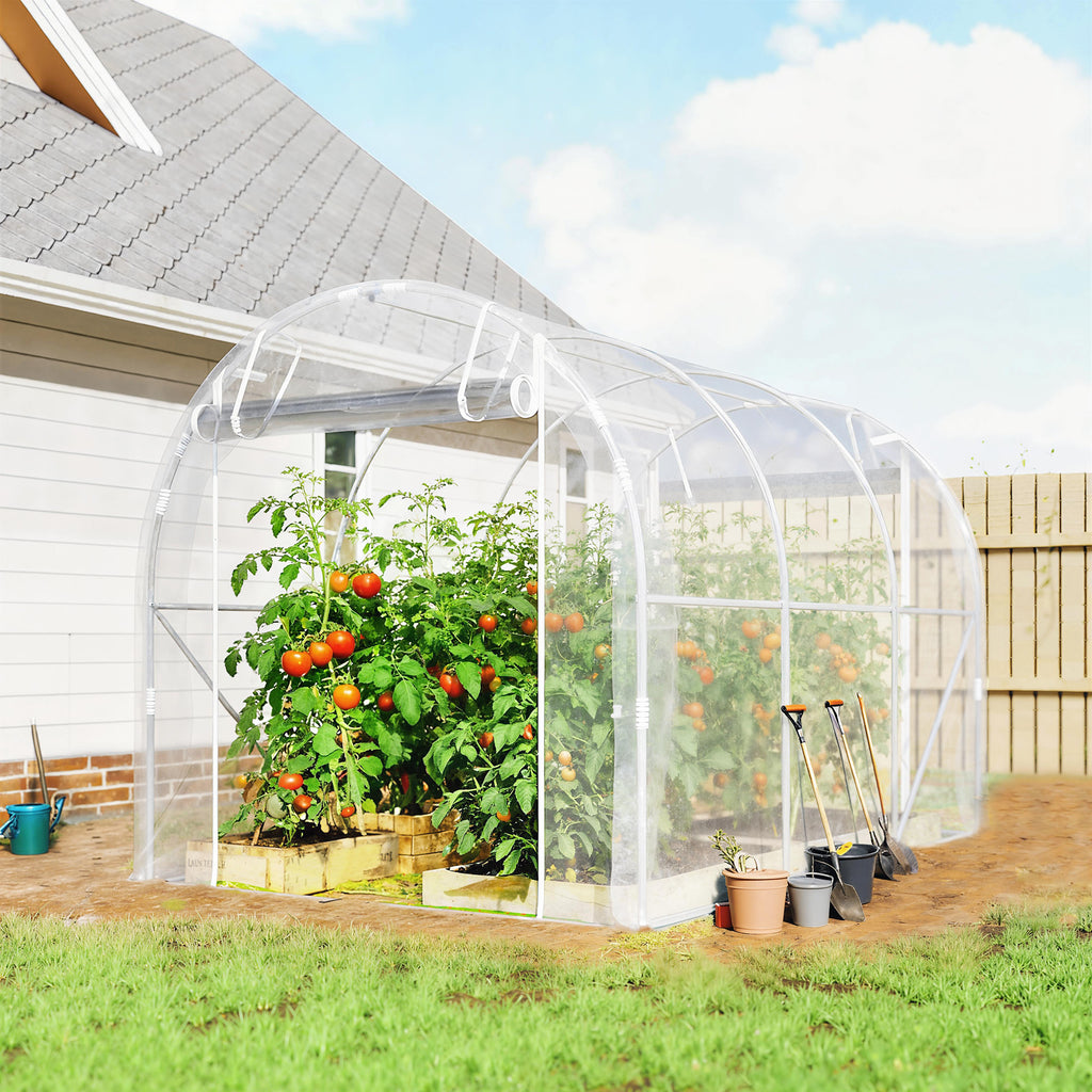 Outsunny 2x3x2 m Tunnel Greenhouse with Roller Doors, Steel Frame and Anti-UV PE Cover, Transparent