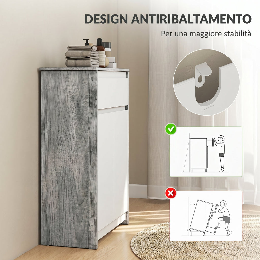kleankin Freestanding Bathroom Cabinet with Drawer and Double Doors, Grey-White