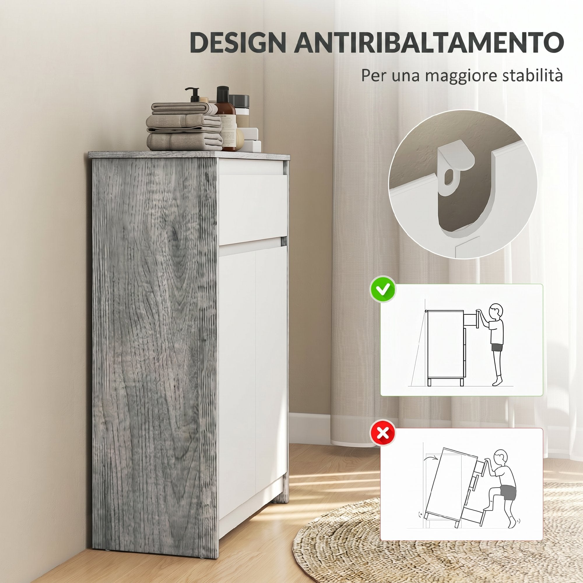 kleankin Freestanding Bathroom Cabinet with Drawer and Double Doors, Grey-White
