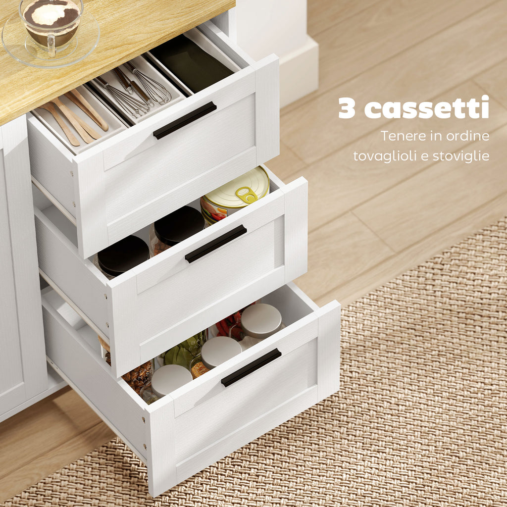 Kitchen Cabinet with 3 Drawers and 2 Soft-Close Doors, Adjustable Shelves, 120x38x76 cm, White