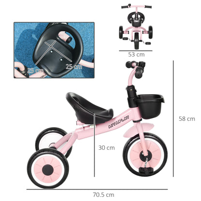 Children's Tricycle for 2-5 Years with Adjustable Seat and Bell, 70.5x50x58cm, Pink